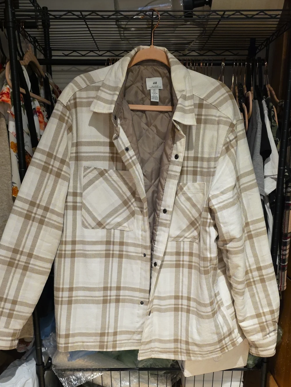 H&M Cream & Tan Plaid Quilted Shacket